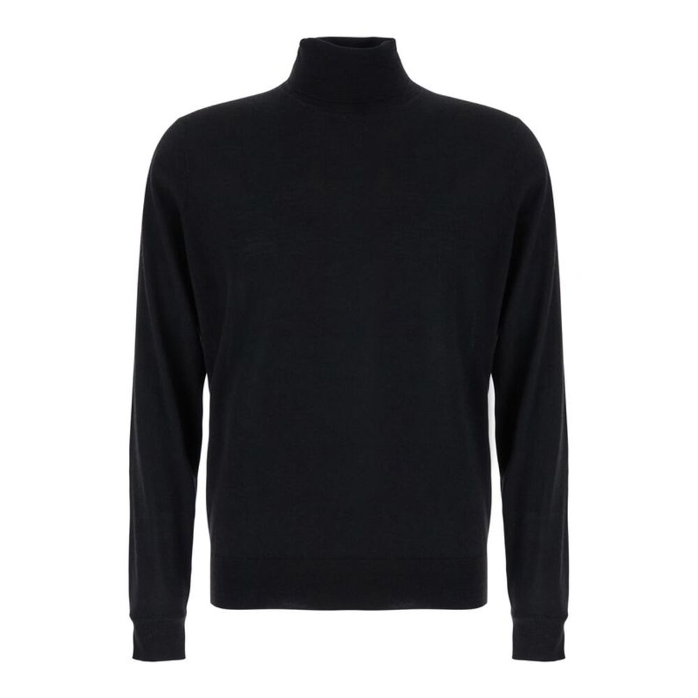 Plain Men Black Turtleneck Sweater In Merino Wool And Silk Blend Man